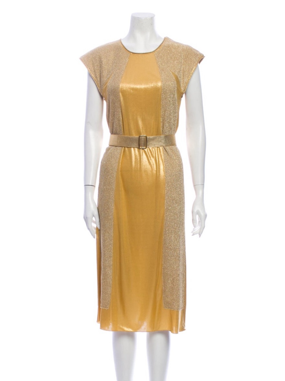 Bottega Veneta Gold Metallic Belted Midi Dress.